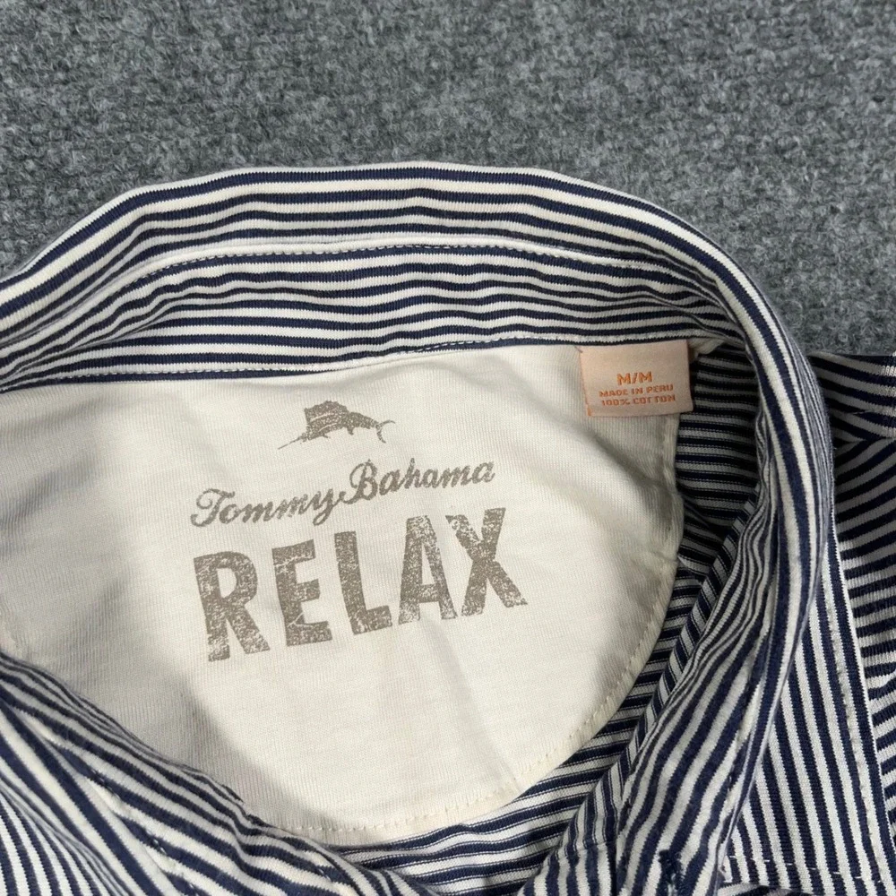 Tommy Bahama Relax Polo Shirt Mens Medium Striped Short Sleeve Pocket Blue White